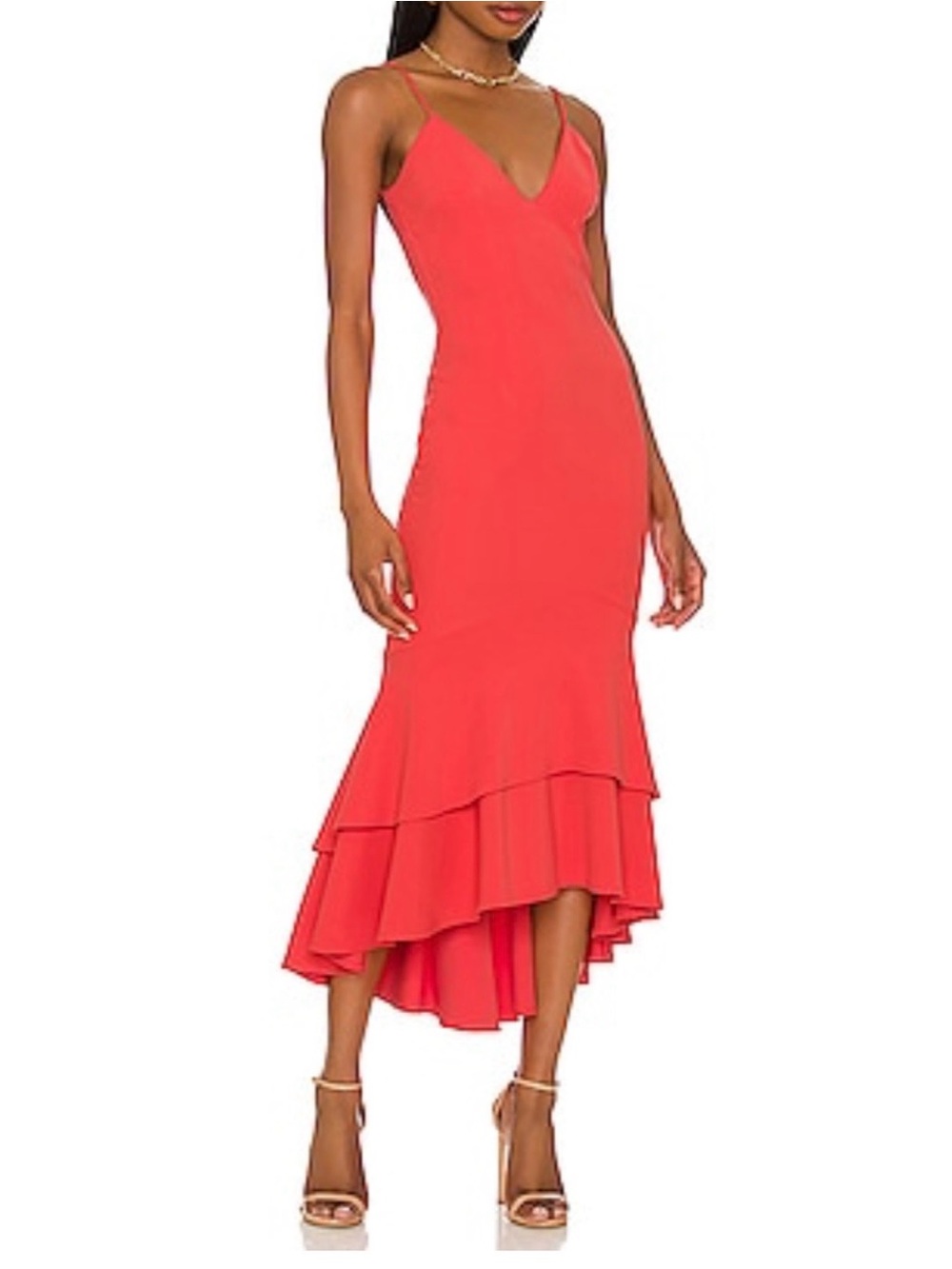 Katy May Aphrodite Maxi Dress Open Back Ruffle Hem in Cayenne Size M NWT NEW